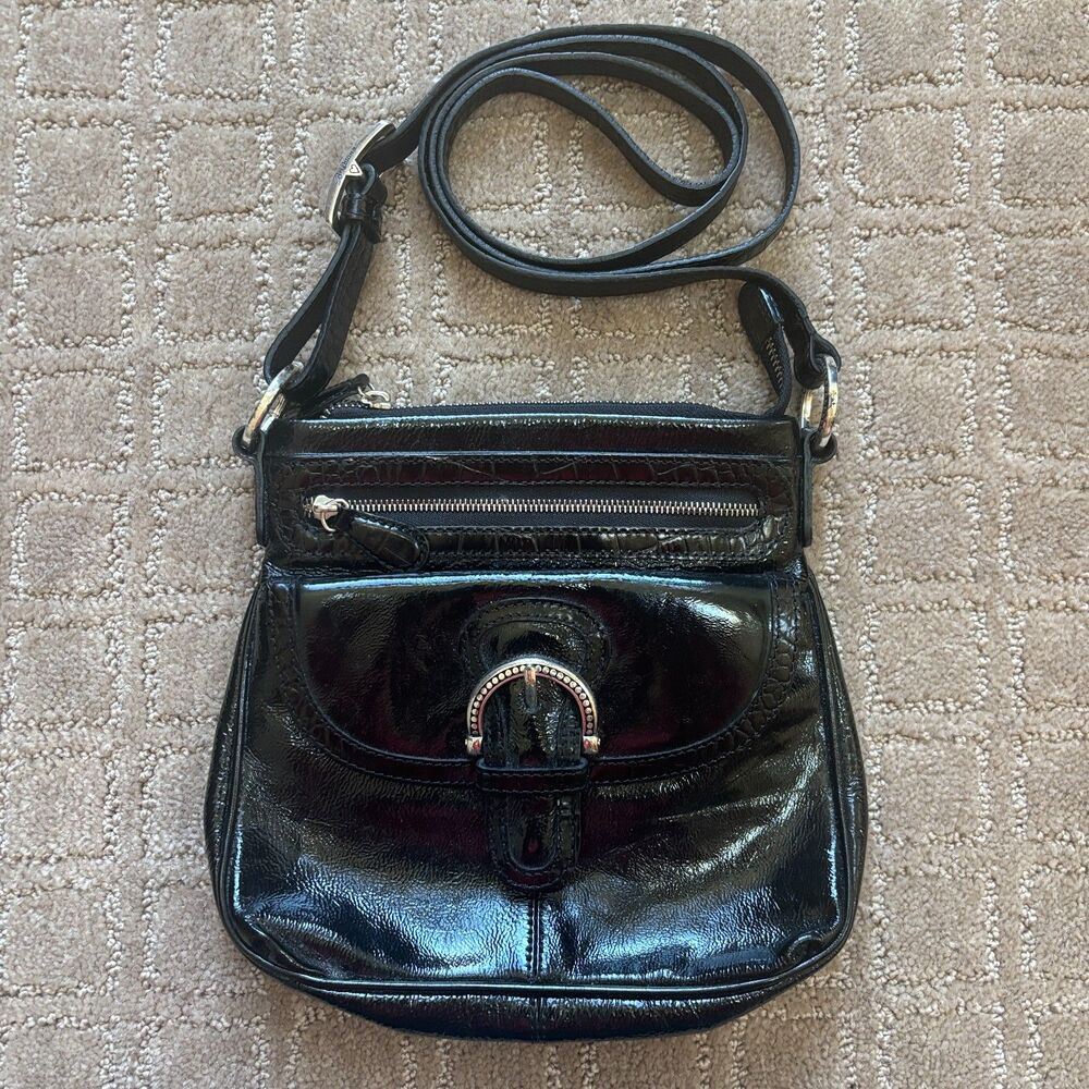 Brighton Bali Shine Patent Leather Crossbody Purse Black Organizer Zip Closure
